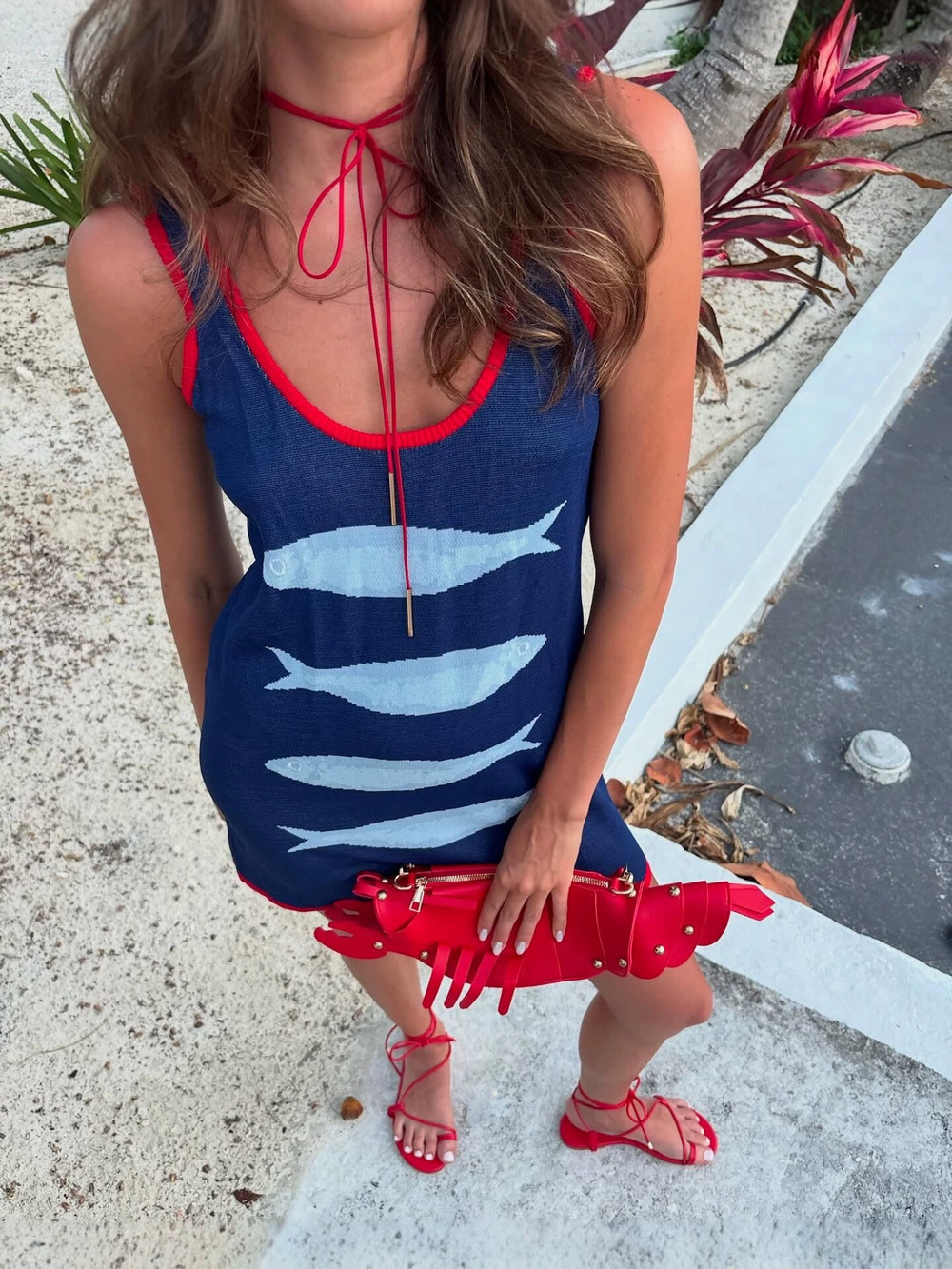Zara Red Knit Fish Print Sleeveless Strap Tie Summer Beach Mini Dress